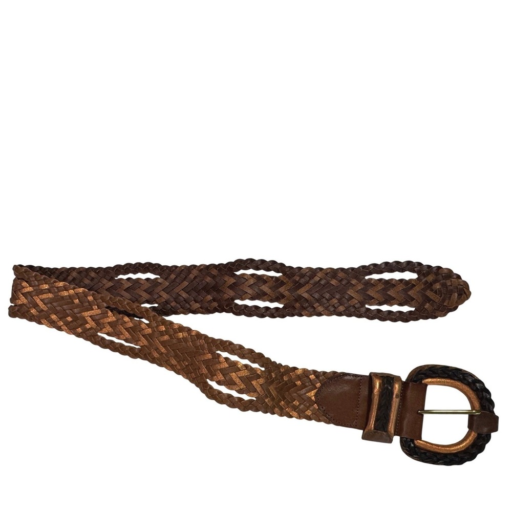 Chico's Leather Woven Belt Size M Brown Large Buckle Womens - Picture 12 of 12